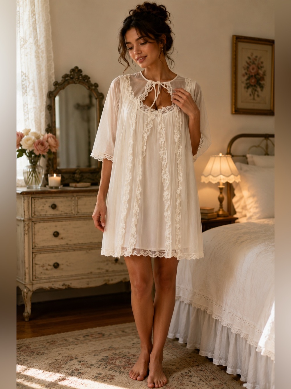 VTG Heiress Sheer Elegant White Lace Trimmed 2 piece Nightgown wedding bridal